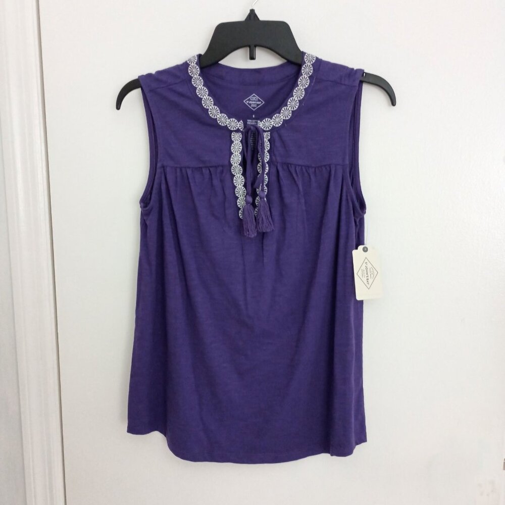 NWT St Johns Bay royal purple bohemian embroidered sleeveless top with tassels